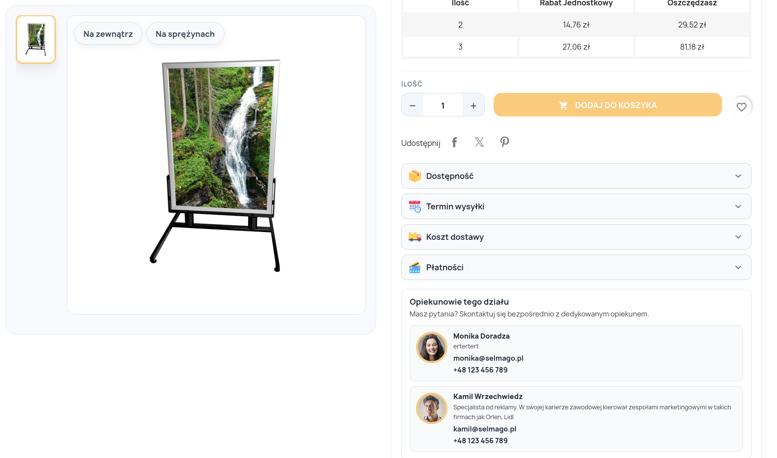 Screen przedstawiający wygląd listy opiekunów na karcie produktu